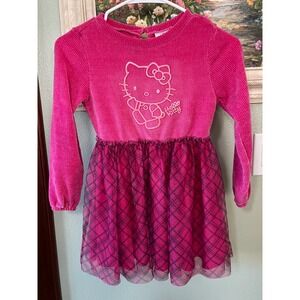 Sanrio Hello Kitty Dress Pink Velour Fuchsia Checkered Tulle Skirt Size S 6 6X